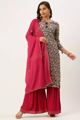 women's tie-up neck abstract block print beige straight kurta and sharara with dupatta