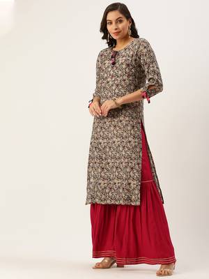 women's tie-up neck abstract block print beige straight kurta and sharara with dupatta 3