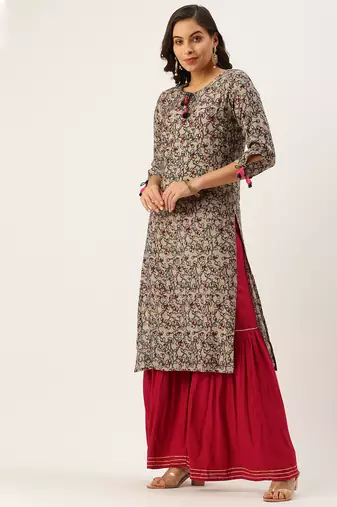women's tie-up neck abstract block print beige straight kurta and sharara with dupatta