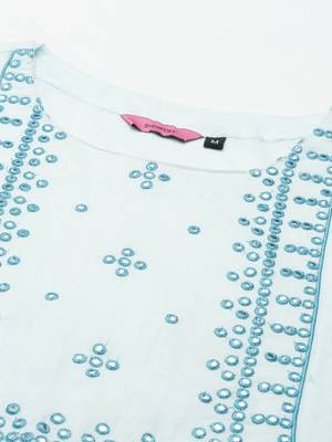 women's round neck solid blue straight kurta and trouser with dupatta 2