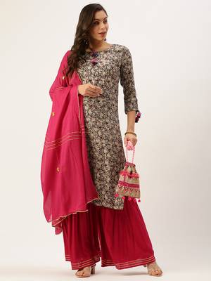 women's tie-up neck abstract block print beige straight kurta and sharara with dupatta 4