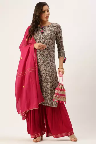 women's tie-up neck abstract block print beige straight kurta and sharara with dupatta