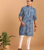 Men'S Indigo Blue And White Cotton Kurta And Pyjama Set