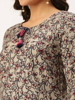 women's tie-up neck abstract block print beige straight kurta and sharara with dupatta 5