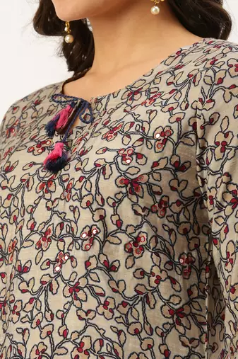 women's tie-up neck abstract block print beige straight kurta and sharara with dupatta