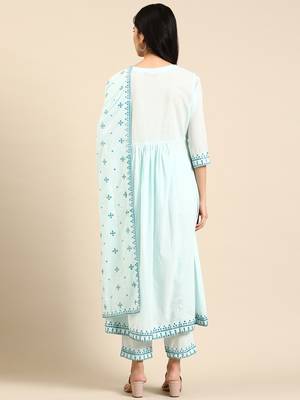 women's round neck solid blue straight kurta and trouser with dupatta 4