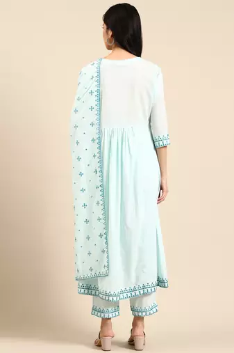 women's round neck solid blue straight kurta and trouser with dupatta