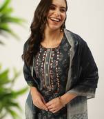 women's round neck floral foil print navy blue straight kurta and palazzos with dupatta