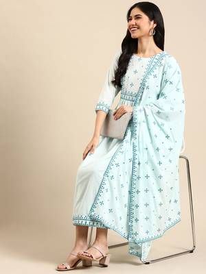 women's round neck solid blue straight kurta and trouser with dupatta 5