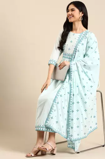 women's round neck solid blue straight kurta and trouser with dupatta