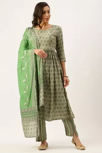 women's round neck striped grey a-line kurta and trouser with dupatta