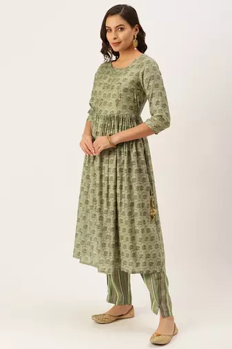 women's round neck striped grey a-line kurta and trouser with dupatta