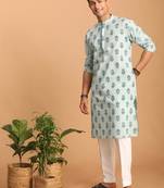 Aqua And White Cotton Kurta And Pyjama Set
