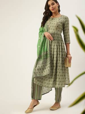 women's round neck striped grey a-line kurta and trouser with dupatta 4