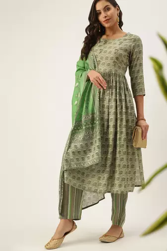 women's round neck striped grey a-line kurta and trouser with dupatta