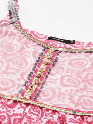 women's shoulder straps tribal block print pink anarkali kurta and sharara 2
