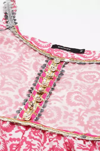 women's shoulder straps tribal block print pink anarkali kurta and sharara