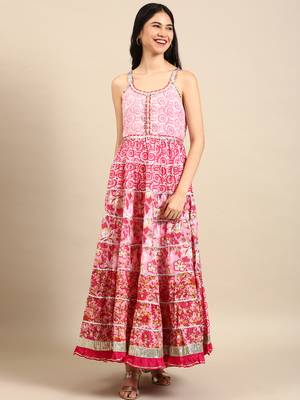women's shoulder straps tribal block print pink anarkali kurta and sharara 3