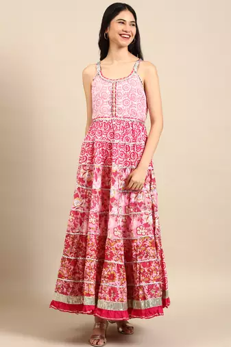 women's shoulder straps tribal block print pink anarkali kurta and sharara
