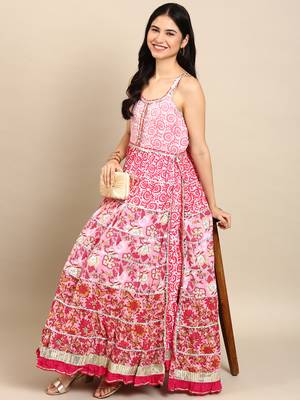 women's shoulder straps tribal block print pink anarkali kurta and sharara 4