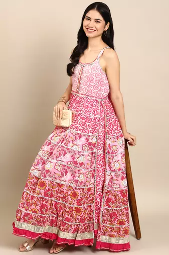 women's shoulder straps tribal block print pink anarkali kurta and sharara