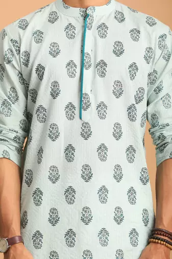 Aqua And White Cotton Kurta And Pyjama Set