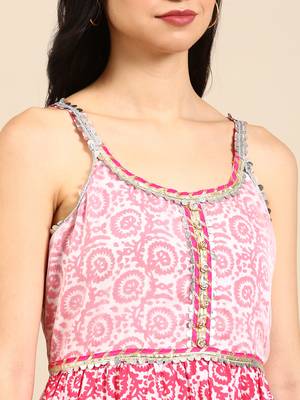 women's shoulder straps tribal block print pink anarkali kurta and sharara 5