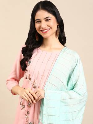 women's round neck solid peach straight kurta and sharara with dupatta 1