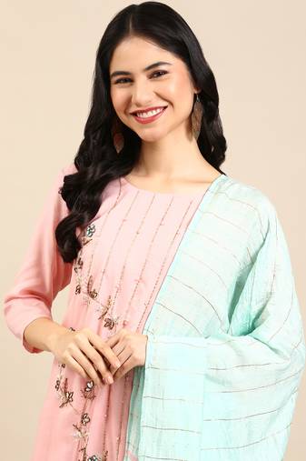 women's round neck solid peach straight kurta and sharara with dupatta
