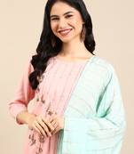 women's round neck solid peach straight kurta and sharara with dupatta