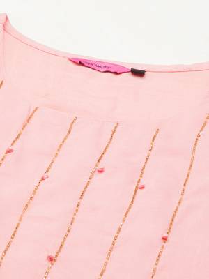 women's round neck solid peach straight kurta and sharara with dupatta 2