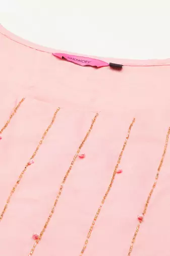 women's round neck solid peach straight kurta and sharara with dupatta