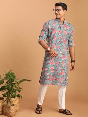 Aqua And White Cotton Kurta And Pyjama Set 1