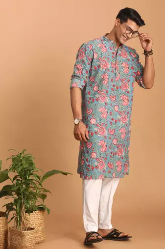 Aqua And White Cotton Kurta And Pyjama Set