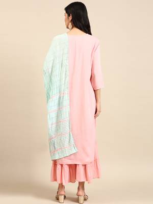 women's round neck solid peach straight kurta and sharara with dupatta 4