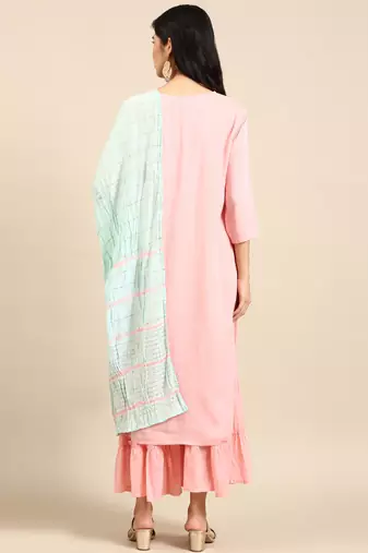 women's round neck solid peach straight kurta and sharara with dupatta