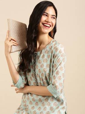 women's round neck floral foil print blue straight kurta and trouser 1