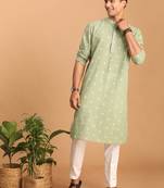 Men'S Green And White Cotton Kurta Pyjama Set