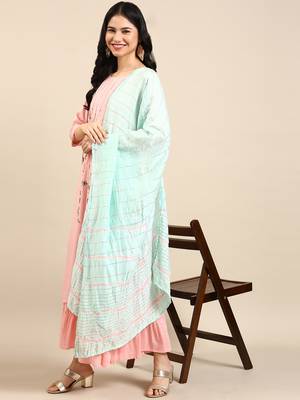 women's round neck solid peach straight kurta and sharara with dupatta 5