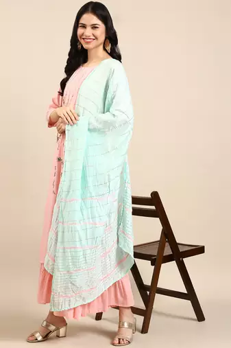 women's round neck solid peach straight kurta and sharara with dupatta
