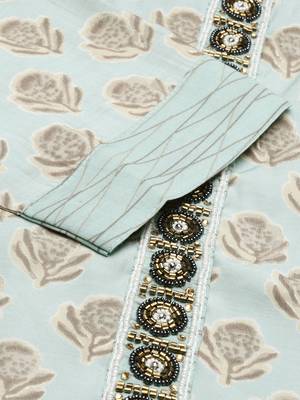 women's round neck floral foil print blue straight kurta and trouser 2