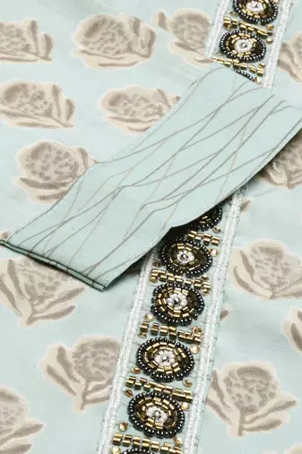 women's round neck floral foil print blue straight kurta and trouser