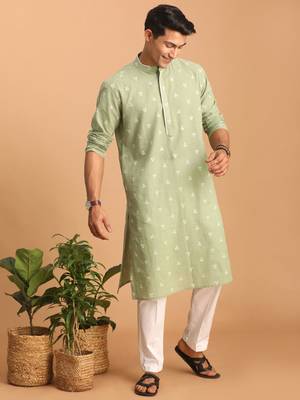 Men'S Green And White Cotton Kurta Pyjama Set 2