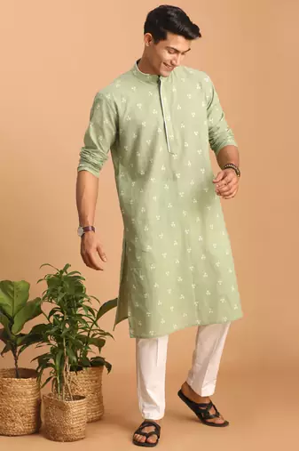 Men'S Green And White Cotton Kurta Pyjama Set