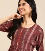 women's round neck floral foil print maroon anarkali kurta and trouser