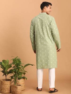 Men'S Green And White Cotton Kurta Pyjama Set 3