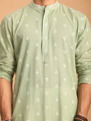 Men'S Green And White Cotton Kurta Pyjama Set 4