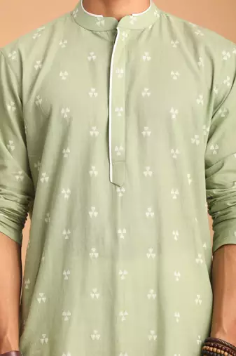 Men'S Green And White Cotton Kurta Pyjama Set