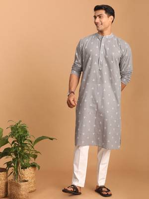 Grey And White Cotton Kurta Pyjama Set 1