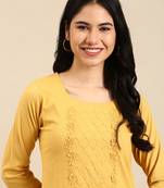 women's round neck solid yellow straight kurta and trouser